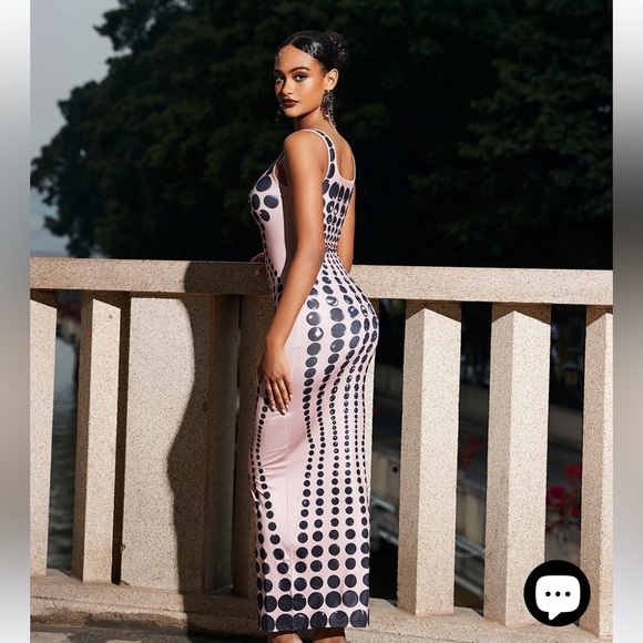 Mew Mew Ishi Black Dot Printed Form Fitting Women’s Maxi Dress In Blush NWT S - Picture 3 of 16